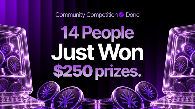 A promotional graphic announcing 'Community Competition Done' stating '14 People Just Won $250 prizes', surrounded by purple stacked coin illustrations.