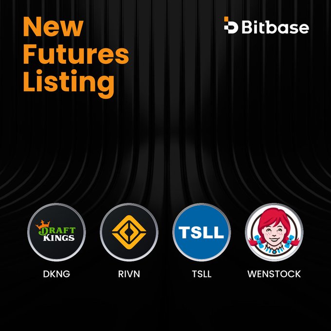 Bitbase announces new futures listings with four trading pairs: DKNG, RIVN, TSLL, and WENSTOCK, set to launch at 9:00 am UTC on July 22, 2026. The image showcases the "New Futures Listing" announcement featuring each token's logo alongside its ticker symbol on a dark background.
