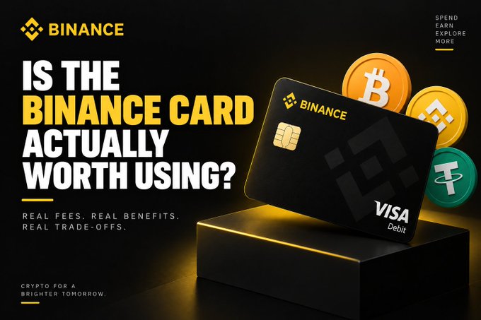 An advertisement asking 'IS THE BINANCE CARD ACTUALLY WORTH USING?' with the tagline 'REAL FEES. REAL BENEFITS. REAL TRADE-OFFS.', showcasing a Binance Visa debit card surrounded by Bitcoin, Binance, and Tether coins.