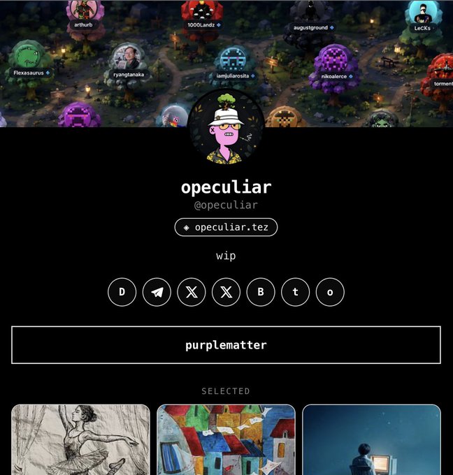 A dark profile screen for user "opeculiar" (@opeculiar) with the domain opeculiar.tez, showing a pink alien avatar, a collection of circular profile icons above, and a row of social/connect icons including D, a paper plane, X, B, t, and o.