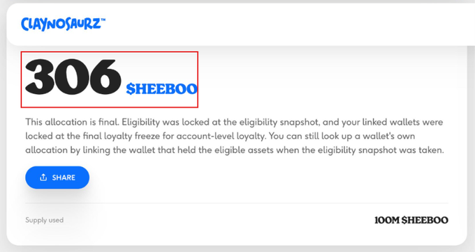 A user is shown their finalized Claynosaurz airdrop allocation of 306 $SHEEBOO tokens (out of a 100M supply used) on the newly launched allocation checker at allocation.claynosaurz.com, confirming eligibility locked at the snapshot for $HEEBOO holders and Popkins NFT owners.