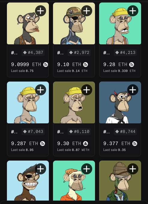 The image shows a grid of Bored Ape Yacht Club (BAYC) NFT listings, each priced around 9 ETH, with prices ranging from 9.0999 ETH to 9.377 ETH and last sale prices displayed below each listing. This directly relates to the post by showing various BAYC apes available for purchase within the 9 ETH budget mentioned, allowing viewers to compare different options in that price range.