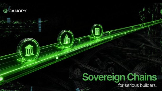 Promotional banner for Canopy featuring glowing green orbs with institutional icons traveling along a digital highway, with the text 'Sovereign Chains for serious builders.'