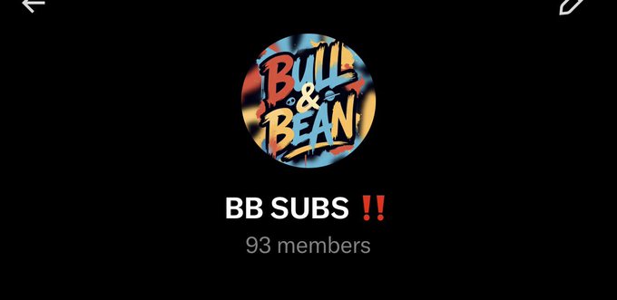The image displays a circular "Bull & Bean" logo above bold text reading "BB SUBS !!" with "93 members" listed below, showing a subscription page likely for the Bull & Bean trading community referenced in the post seeking alpha on next-generation wealth runners.