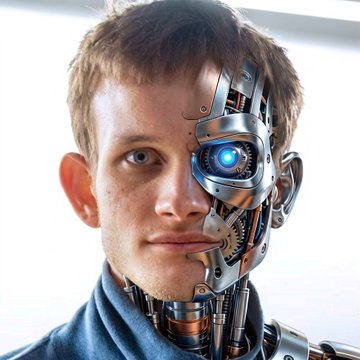 A close-up portrait of a young man whose face is partially transformed into a robotic cyborg, with exposed mechanical parts, gears, and a glowing blue robotic eye on one side.