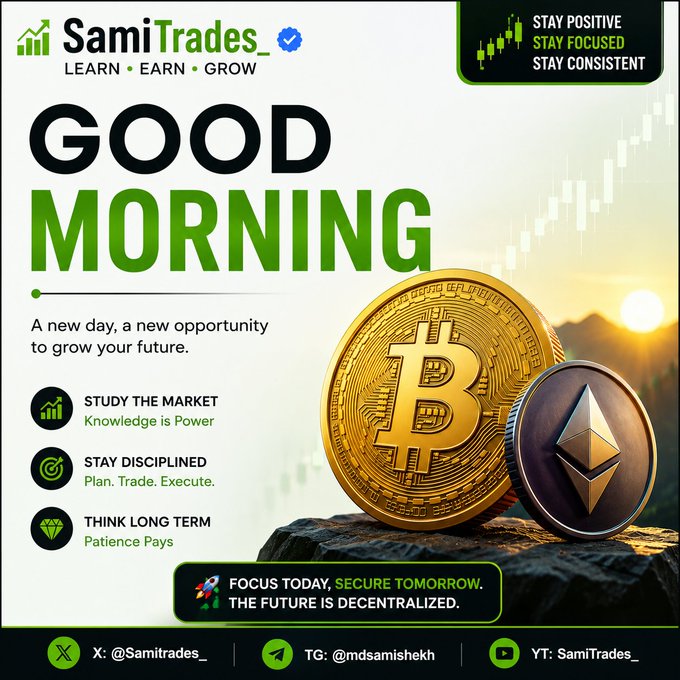 A "Good Morning" motivational poster from SamiTrades_ shows Bitcoin and Ethereum coins with advice to "STUDY THE MARKET," "STAY DISCIPLINED," and "THINK LONG TERM," along with social media handles.