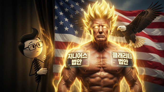 A stylized AI-generated image of a muscular figure with golden spiky hair resembling Donald Trump, surrounded by flames, with an American flag and bald eagle in the background; a cartoon character peeks from the left, and Korean text boxes read '지니어스 법안' (Genius Bill) and '클레버티 법안' (Cleverity Bill).