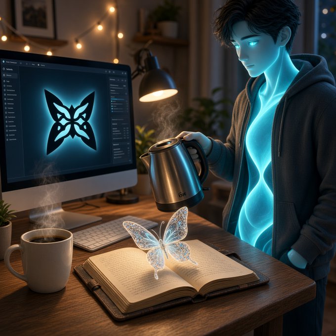 A glowing, ethereal young man pours hot water from a kettle into a cup beside an open book with a crystal butterfly on its pages, while a computer monitor shows a glowing butterfly logo in a cozy, lit room.