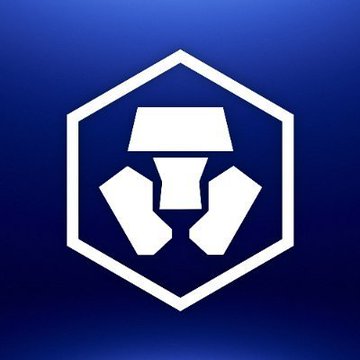 A Crypto.com logo is displayed as a white hexagonal emblem on a blue gradient background.