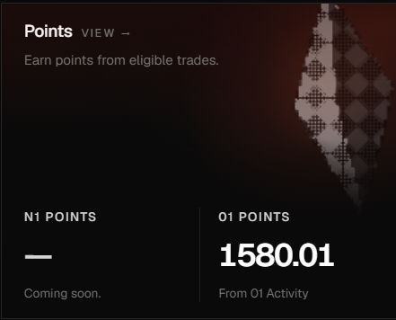The image shows a "Points" view displaying 1580.01 O1 Points earned "From O1 Activity," with N1 Points marked as "Coming soon." This relates to the post by illustrating the user's existing O1 point balance while highlighting the upcoming N1 points system, suggesting the poster expects the N1 points to add additional value on top of their 1580.01 O1 points.
