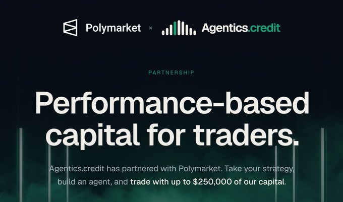 The image announces a partnership between Polymarket and Agentics.credit, offering "Performance-based capital for traders" with up to $250,000 in capital for building an agent based on trading strategy. This aligns with the post, which critiques Agentics.credit's automated scan as merely an "invite" rather than a true underwrite, noting that 500,000 wallets already qualify but that old fills alone shouldn't drive ACS upward.