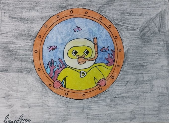 A hand-drawn illustration of a scuba diver in a yellow wetsuit with a "D" on the chest, viewed through a round porthole with fish and coral underwater.