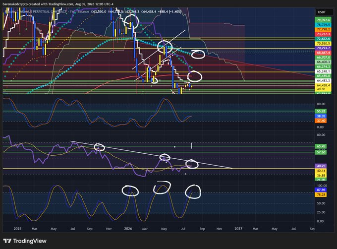 A TradingView weekly chart of BTC/USDT showing Bitcoin's price declining from around $108K in early 2025 to roughly $64K by mid-2026, with the user highlighting circled points of failed bounce attempts and bearish indicator divergences across RSI, momentum, and stochastic oscillators—visually reinforcing the post's sentiment that crypto is lagging traditional markets like gold and silver during what appears to be a prolonged "gigaslump."