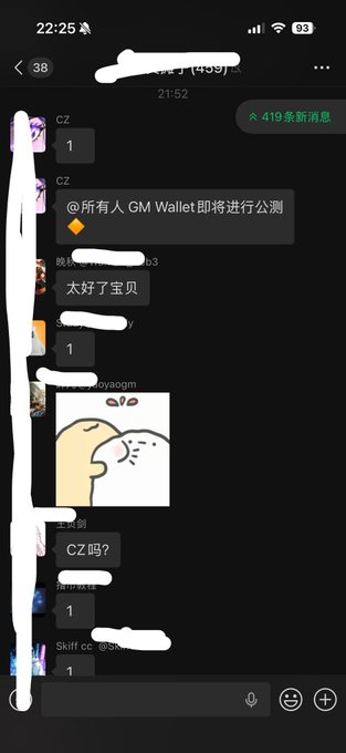 A screenshot of a Chinese chat group on a mobile device, displaying messages in Chinese including 'GM Wallet 即将会进行公测' and '太好了 宝贝', with user avatars and a cute cartoon sticker of two hugging animals.