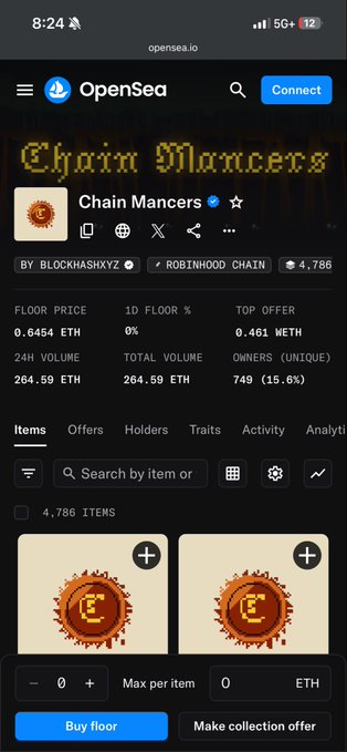 A screenshot of the OpenSea NFT marketplace page for the "Chain Mancers" collection on Robinhood Chain, showing a floor price of 0.6454 ETH across 4,786 items with 264.59 ETH total volume. The image directly supports the post by displaying the current floor price (~0.65 ETH) of the Chain Mancers NFT collection mentioned in the commentary about its launch.