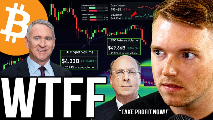 This image is a thumbnail showing Bitcoin candlestick charts alongside the text "BTC Spot Volume $4.33B (+118.48%)" and "BTC Futures Volume $49.66B (+121.77%)" with large "WTFF" lettering and the phrase "TAKE PROFIT NOW!!" It also features a Bitcoin logo and three men, likely referencing the dramatic market data and urgent warning mentioned in the accompanying post about a potential Bitcoin liquidation wipeout.