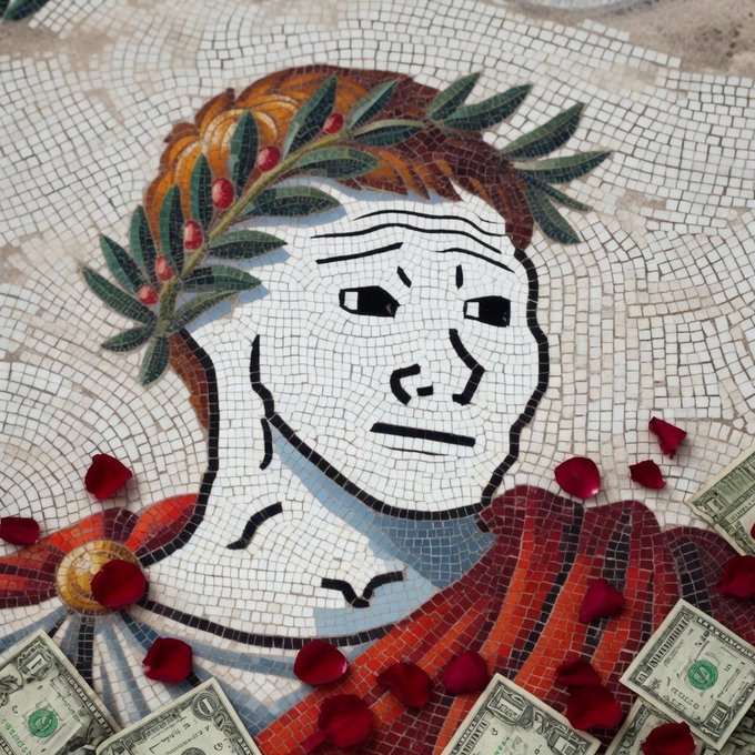 A mosaic-style illustration of a Roman figure with a laurel wreath, depicted in a style similar to the Wojak/Doge meme, surrounded by scattered US dollar bills and red rose petals on a tiled surface.
