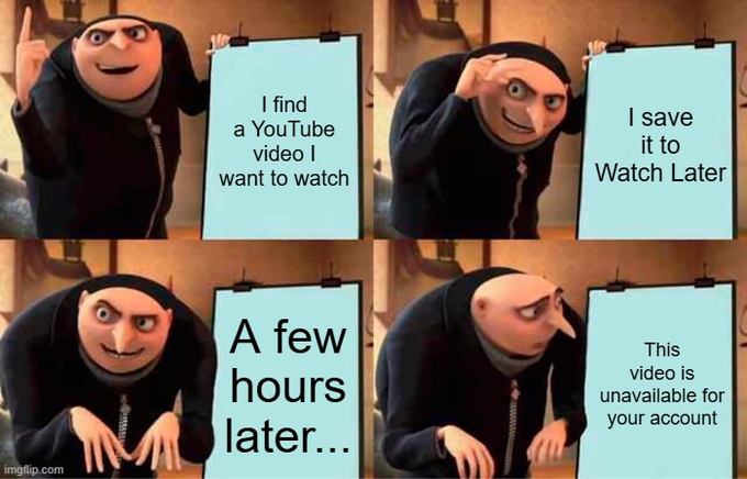 A four-panel meme featuring Gru from Despicable Me, showing the relatable cycle of finding a YouTube video, saving it to Watch Later, and later discovering it is unavailable.