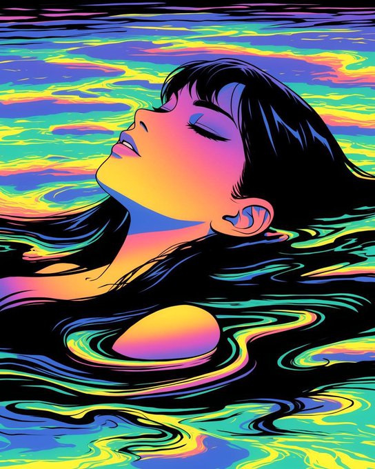 A vibrant, psychedelic digital illustration shows a woman floating serenely in neon-colored water, her head tilted back with closed eyes above a glowing sunset-like orb. The dreamy, surreal image doesn't directly relate to the crypto giveaway post, serving instead as an eye-catching aesthetic backdrop.