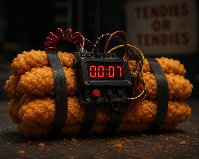 A bundle of golden fried chicken tenders strapped together with a digital timer displaying '00:07' in red LED numbers, with wires attached, set against a background with a 'TENDIES OR TENDIES' sign.