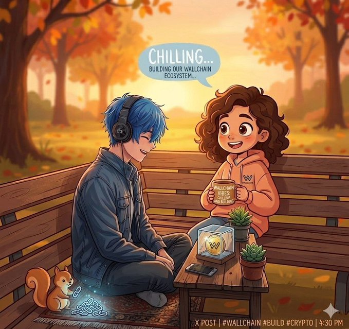 The image features a man sitting on a bench with headphones on, listening to music while a woman sits next to him holding a cup of coffee. A squirrel can be seen nearby, adding to the peaceful atmosphere. The caption for this image reads "Just chilling in the afternoon, listening to some lo-fi beats, and watching the Wallchain ecosystem grow. The market might fluctuate, but the building never stops." This post is related to the crypto world as it uses a punny caption that references the Wallchain ecosystem.