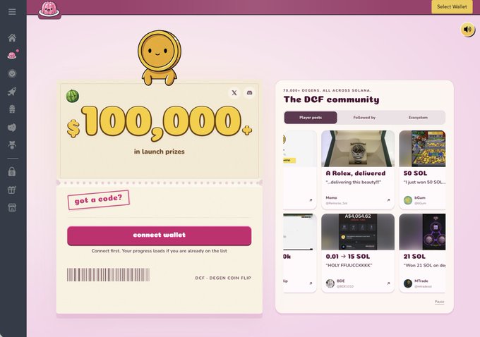 A screenshot of the DCF (Degen Coin Flip) website showcasing $100,000 in launch prizes, a "connect wallet" button, and a community section featuring $DEGENS posts on Solana, promoting a meme coin gambling platform.