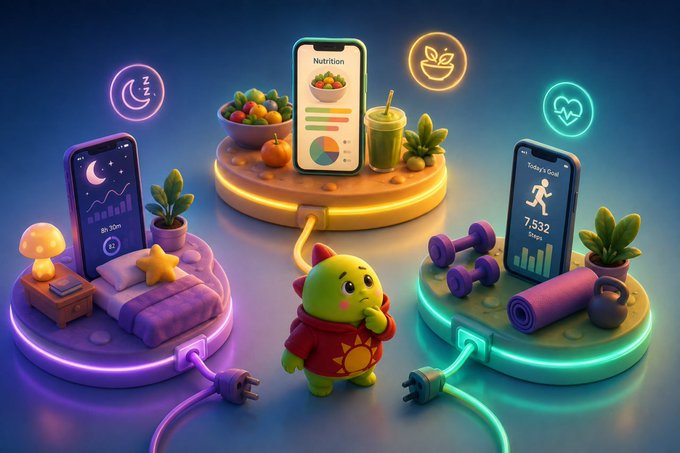 A colorful 3D illustration showing a cute green character connecting power cables between three glowing platforms, each featuring a phone with health, nutrition, and fitness apps along with related items like a bed, salad bowl, and dumbbells.
