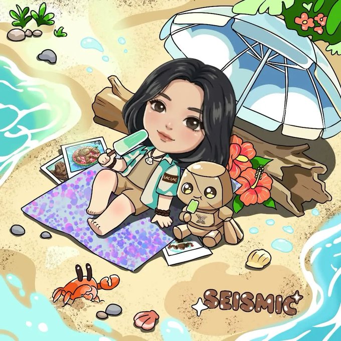 A chibi-style cartoon illustration shows a black-haired girl lounging on a beach towel under a blue-striped umbrella, enjoying a green popsicle alongside a cute robot companion holding a matching treat, with a small crab and tropical flowers completing the seaside scene. The "SEISMIC" logo appears in the bottom right, tying the relaxing summer vibe to the community celebration mentioned in the post.