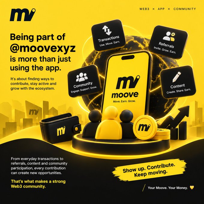 A promotional graphic for the "moove" app ("@moovexyz") highlights features like Transactions, Referrals, Community, and Content with the tagline "Move. Earn. Grow." and "Show up. Contribute. Keep moving."