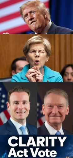 A political collage features Donald Trump at the top, Senator Elizabeth Warren in the middle, and two unidentified men in the bottom panels, with the text "CLARITY Act Vote" prominently displayed. The image visually anchors a post discussing the Clarity Act, with the featured politicians highlighting the key stakeholders involved in the upcoming vote.