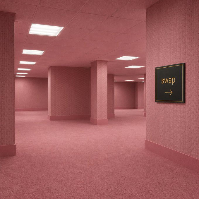 urns of pink and white hues, with a black sign reading "swap" on the right wall.