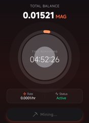 The image displays a cryptocurrency mining dashboard showing a total balance of 0.01521 HAG with an active mining rate of 0.0001kW and a timer at 04:52:26, while the "Mining..." button at the bottom remains unclicked—directly illustrating the post's frustration about users who signed up but failed to tap the one button needed to actually earn.