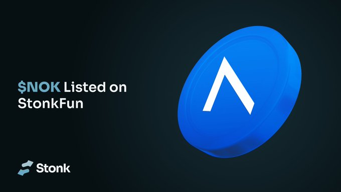 The image is a promotional graphic announcing "$NOK Listed on StonkFun," featuring a large blue 3D coin with a white "A"-like symbol on the right side, set against a dark background with the "Stonk" logo at the bottom left. It visually supports the accompanying post by highlighting the new $NOK (Nokia) coin listing on the StonkFun platform.