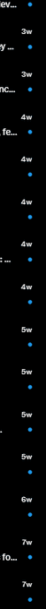 A dark-mode chat interface snippet showing timestamps like '3w', '4w', '5w', '6w', and '7w' next to blue status indicators, with partially visible usernames.