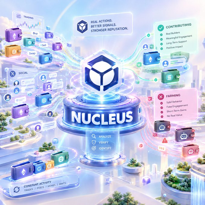 The image is a vibrant, futuristic 3D illustration centered around a glowing "NUCLEUS" hub logo, visually representing @NucleusCodes' mission to analyze Web3 activity, with floating labeled sections for "TRADING" (Buy, Sell, Swap), "SOCIAL," "CONTRIBUTING" (Real Builders, Meaningful Engagement, Long-Term Support, Positive Impact), and "FARMING" (Sybil Behavior, Fake Engagement, Short-Term Gains, No Real Value), all tied together by banners reading "REAL ACTIONS. BETTER SIGNALS. STRONGER REPUTATION," "ANALYZE, VERIFY, IDENTIFY," and "CONSTANT ACTIVITY: TRADES / POSTS / MOVES / MNTS," directly illustrating the post's question of distinguishing genuine contributors from farmers in a busy Web3 landscape.