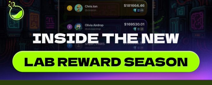 The image is an advertisement that showcases the "Inside The New Lab Reward Season" featuring a group of people playing a video game and receiving rewards for their activities. There are several players visible, some of whom have achieved high rankings or performed well in the game. They can be seen competing against each other as they earn various rewards throughout the gameplay process. This post is specifically about a new rewards season within LabTrade App (left side), and it is also available on Telegram App (right side). Users can access this new rewards experience by joining these games, and they will enjoy additional benefits such as a 25% fee discount from Google referral trading fees or a 10% fee discount through the invitation to play.