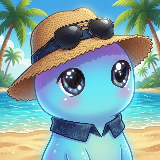 An illustration of a cute blue cartoon creature wearing a straw hat with dark sunglasses on a tropical beach.