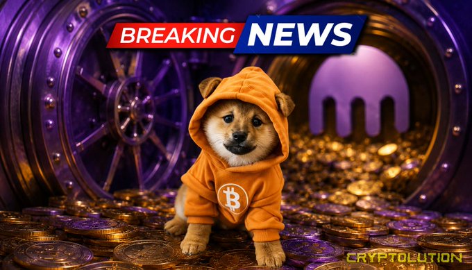 A Shiba Inu puppy wearing an orange Bitcoin hoodie sits atop a pile of golden coins in front of a vault door, under a "BREAKING NEWS" banner with "CRYPTOLUTION" watermark, visually representing Kraken becoming the largest known holder of DOG reserves.