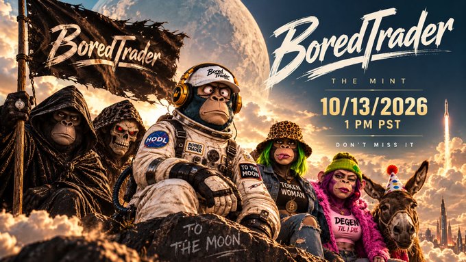 A promotional graphic for 'BoredTrader THE MINT' dated 10/13/2026 at 1 PM PST featuring an astronaut monkey with a 'TO THE MOON' sign, surrounded by other NFT-style characters including hooded figures, a woman in a leopard hat, and a pink-clad character, with a rocket launching in the background.