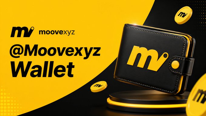 A promotional graphic for "Moovexyz Wallet" featuring a black bifold wallet with a yellow "m" logo on a circular display, accompanied by floating branded coins against a yellow and black background. The image directly illustrates the post's endorsement, visually representing the secure crypto wallet solution the author credits with simplifying their transactions.