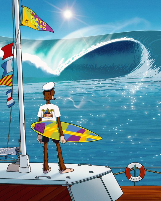 A sailor wearing a BAYC sailor hat stands on a ship's deck holding a colorful surfboard, gazing at a massive wave under sunny skies, with flags reading "BAYC 96" and a life preserver marked "BAYC" visible in the scene—evoking the adventurous spirit of BAYC's upcoming collaboration with Sean Wotherspoon.