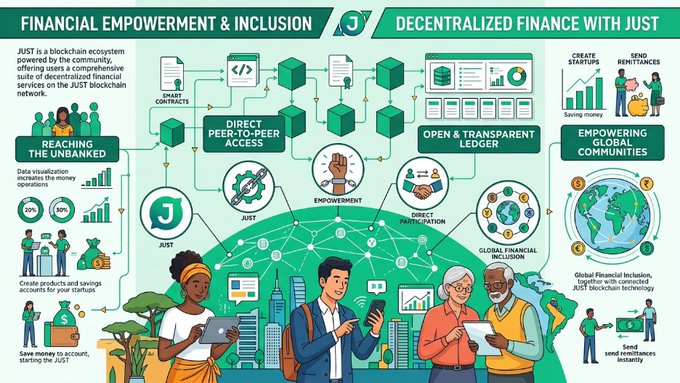 The infographic titled "Financial Empowerment & Inclusion: Decentralized Finance with JUST" illustrates how the JUST blockchain ecosystem promotes financial inclusion through features like reaching the unbanked, direct peer-to-peer access, an open and transparent ledger, and empowering global communities via smart contracts, startup creation, and remittances. It visually connects JUST's decentralized technology to global financial inclusion, aligning with the post's emphasis on user empowerment through direct participation in digital finance.