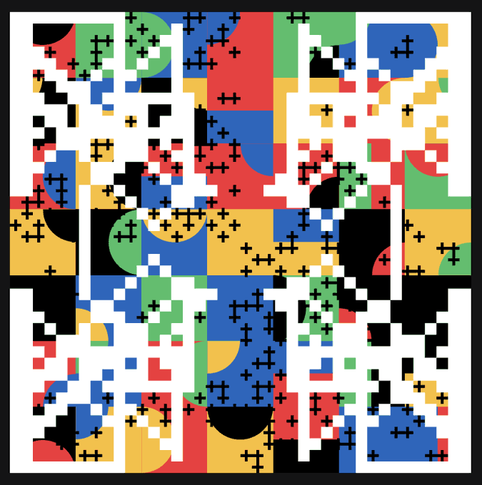 A colorful abstract geometric artwork featuring pixelated patterns in red, blue, green, yellow, black, and white with crosshair motifs.