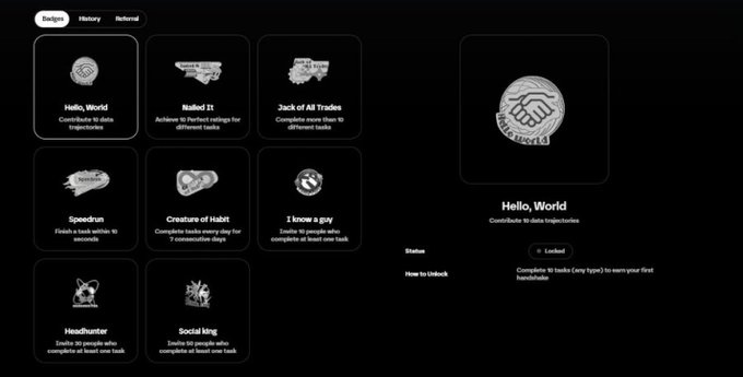 A screenshot of the Kaito platform's "Insignia" tab showing various achievement badges like "Hello, World," "Nailed It," and "Jack of All Trades," with the "Hello, World" badge displayed in detail on the right showing it is "Locked" and requires completing 10 tasks to earn the first handle. The image illustrates the gamified onboarding process mentioned in the post, showing users how to get started and unlock badges on Kaito to become eligible for potential airdrops like the one from $12M-backed @axisrobotics.