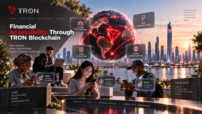 A promotional graphic for TRON blockchain features the text 'TRON OPEN • SCALABLE • INCLUSIVE • GLOBAL' and 'Financial Accessibility Through TRON Blockchain,' with icons for 'ACCESS FOR EVERYONE,' 'FAST TRANSACTIONS,' 'OPEN ECOSYSTEM,' 'GLOBAL OPPORTUNITIES,' 'SEND,' 'RECEIVE,' and 'BUILD A BRIGHTER FUTURE,' alongside a glowing digital globe.