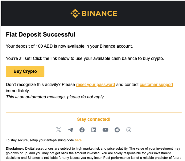 A white email with a black banner at the bottom of the screen displaying binance's flat deposit success message about how to set up an automatic transaction to transfer funds from an Emirates Bank account to a Binance account.