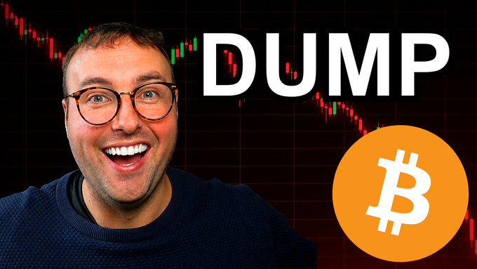 A thumbnail-style image featuring a smiling man with glasses next to the word "DUMP" in large white text, with a downward-trending red and green financial chart and an orange Bitcoin (₿) logo.