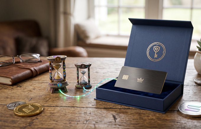 A premium dark credit card with a gold crown emblem sits in an open navy blue presentation box on a wooden table, accompanied by ornate hourglasses and a glowing Ethereum coin.
