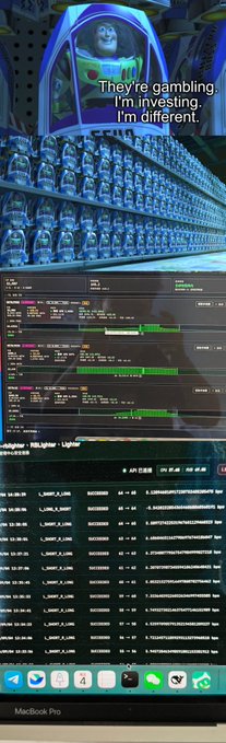 A MacBook Pro desktop screenshot shows a Buzz Lightyear meme overlay reading "They're gambling. I'm investing. I'm different." with code and a digital display in the background.