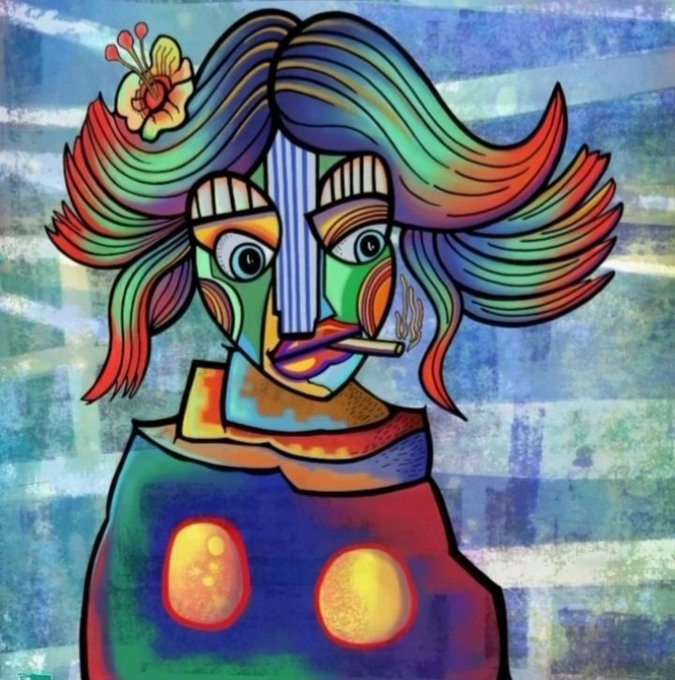 A colorful cubist-style illustration of a stylized figure with vibrant rainbow hair, a flower accessory, blue striped face features, and a smoking cigarette, against a blue textured background.